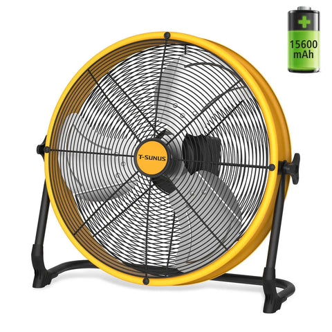 16 Inch Battery Powered Floor Fan With 2500 CFM High Velocity Airflow, yellow frame, black stand, includes 15600mAh battery