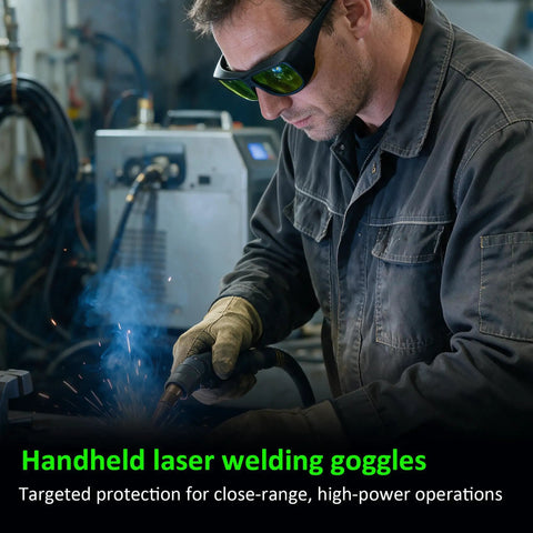Kickass Laser Safety Glasses 900-1100nm OD8 Plus DIN4 Heavy-Duty Eye Protection Goggles For Fiber Laser And Handheld Welding Tasks worn by a worker during laser operations.