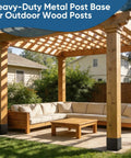 Outdoor pergola with wooden posts secured by Six Pack 4x6 Heavy Duty Metal Post Base Brackets With 3.6x5.6 Inner Fit No Wobble Design Rust Resistant Includes Hardware For Fence Porch Pergola Mailbox Wood To Concrete Installations.