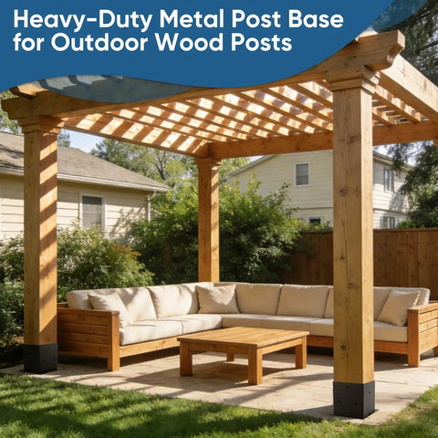 Outdoor pergola with wooden posts secured by Six Pack 4x6 Heavy Duty Metal Post Base Brackets With 3.6x5.6 Inner Fit No Wobble Design Rust Resistant Includes Hardware For Fence Porch Pergola Mailbox Wood To Concrete Installations.