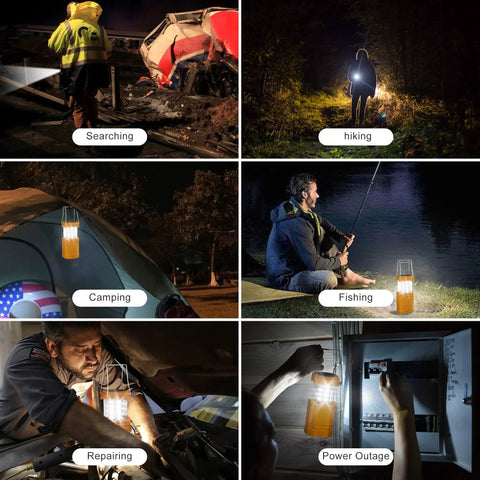 Go-To LED Camping Lantern With USB Rechargeable, Solar Panel And Hand Crank used in various outdoor and emergency settings.