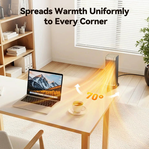 Cozy Up Portable Indoor Space Heater With 1500W PTC Ceramic Fast Heat in an office, showing 70 degree oscillation.