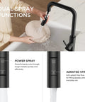 FORIOUS Kitchen Faucet with Pull Down Sprayer, Black High U-Spout demonstrating dual spray functions in kitchen use.