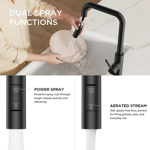 FORIOUS Kitchen Faucet with Pull Down Sprayer, Black High U-Spout demonstrating dual spray functions in kitchen use.