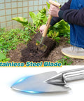 Person using Perennial Spade Trowel 21.6 Inch Long With Sharp Stainless Steel Blade And Wooden Handle for digging in garden.