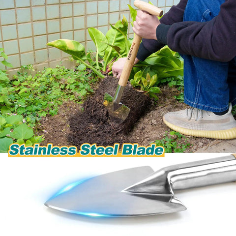 Person using Perennial Spade Trowel 21.6 Inch Long With Sharp Stainless Steel Blade And Wooden Handle for digging in garden.