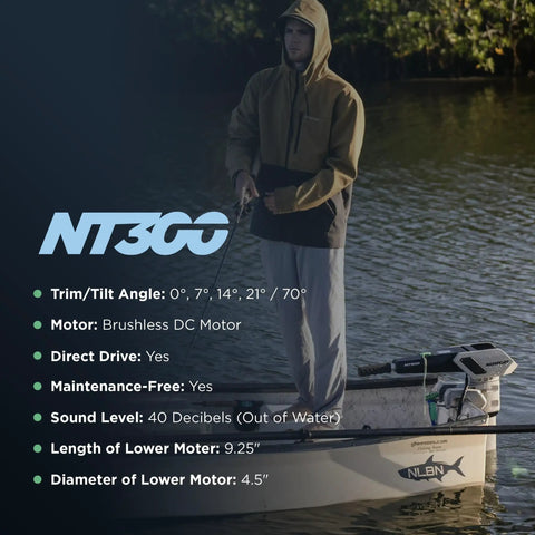 Man in a boat using NT300 Electric Outboard Motor 3HP 1300W Brushless Direct Drive for Saltwater and Freshwater, Ultra Quiet Propulsion