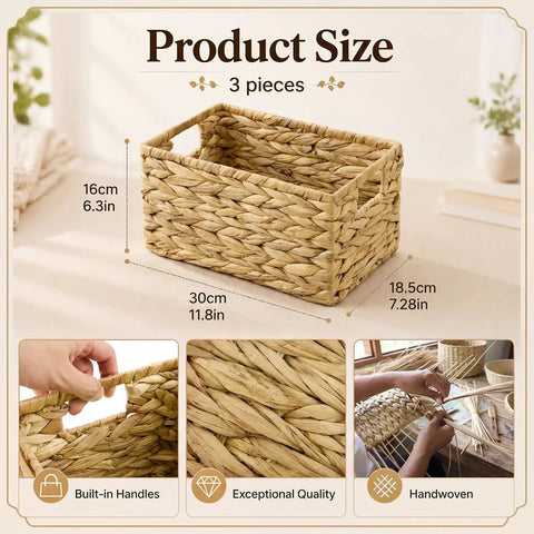 Three Pack Wicker Storage Baskets With Handles For Laundry Room And Bedroom Water Hyacinth Woven Bins Medium Size details