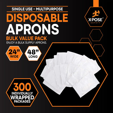 White Disposable Aprons 300 Pack Individually Wrapped Waterproof Polyethylene 1 Mil Durable For Cookin, Food Prep, Cleaning And More 24 By 48 Inches Everyday Use packaging