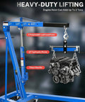 Blue 2-ton hydraulic engine hoist with folding frame and 4-boom positions lifting an engine