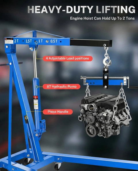 Blue 2-ton hydraulic engine hoist with folding frame and 4-boom positions lifting an engine