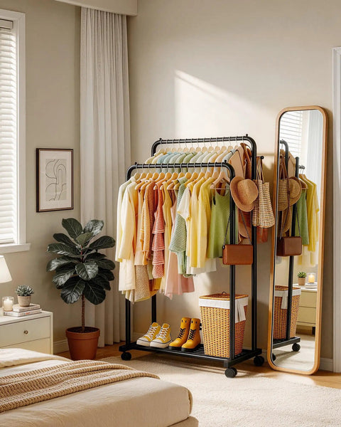 Bulletproof Double Rod Clothes Rack With Wire Mesh Shelves And Storage Hooks Top Tier Steel Garment Stand Supports Up To One Seventy Pounds Matte Black For Everyday Closets