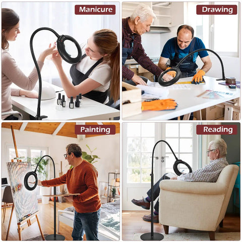 8X Magnifying Glass With Light Floor Lamp For DIYers used in manicure, drawing, painting, and reading settings