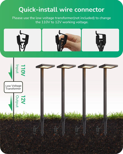 Diagram showing Low Voltage LED Pathway Lights 5.6W 151 Lumen 3000K Warm White 12V with quick-connect assembly