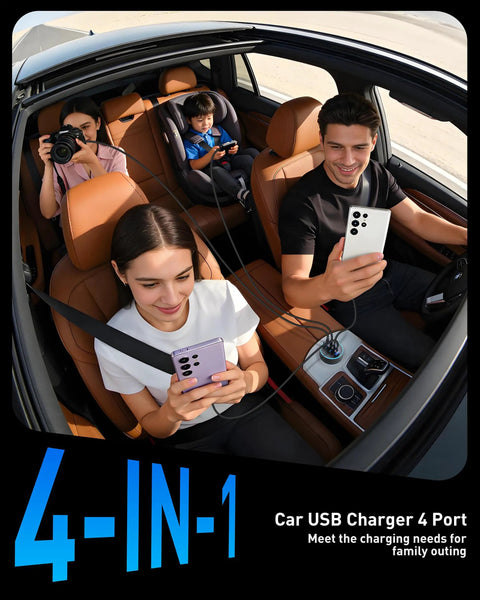Family using 90W 4 Port Car Charger With USB C And USB A Fast Charge Dual USB C PD3.0 And USB A QC3.0 in car during outing