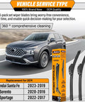 Image of 3 Pack Windshield Wiper Blades for Kia Sportage, Hyundai Santa Fe, Kia Sorento with packaging and car illustration, all-season use