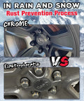 Comparison of chrome vs electrophoretic wheel with rust prevention text, focus on 14x1.50 Lug Nuts Set Black Chrome Closed End.