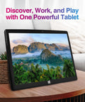 Slick 10.1 Inch Windows 11 Tablet Pc Featuring Intel N5100 Quad Core, 8GB Ram, showcased on wooden table with vibrant landscape display.
