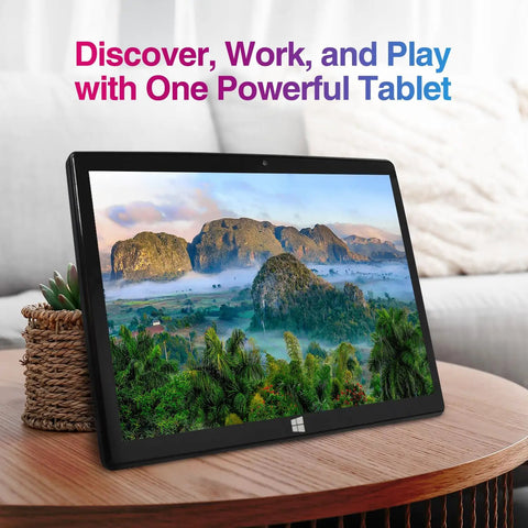 Slick 10.1 Inch Windows 11 Tablet Pc Featuring Intel N5100 Quad Core, 8GB Ram, showcased on wooden table with vibrant landscape display.