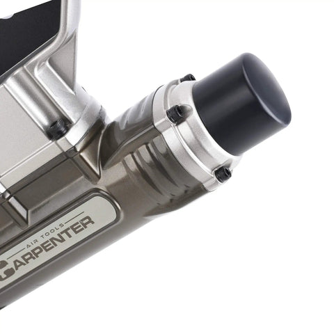 Built Tough Air Powered 18 Gauge L Cleat Flooring Nailer With Non Marring Base Plates close-up of tool handle and air connection.