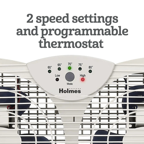 Control panel of Dual Blade Digital Window Fan With Programmable Thermostat For Home Cooling, white model, showing settings.