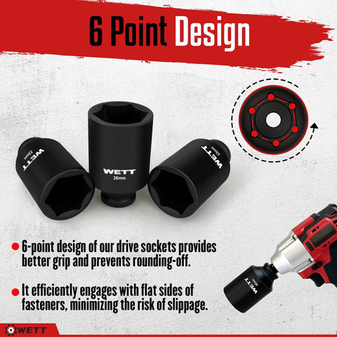 Half Inch Drive Deep Impact Socket Set, 9 Piece Metric 29mm to 38mm, 6 Point Axle Nut Sockets, black with drill