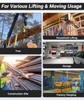 Image showing various lifting uses including tree hoisting, household lifting, garage setup, construction site, and factory hanging.