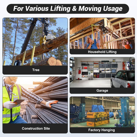 Image showing various lifting uses including tree hoisting, household lifting, garage setup, construction site, and factory hanging.