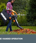 User using 3 In 1 Leaf Blower Mulcher Vacuum For Easy Lawn Care With 350 CFM Airflow And 210 MPH Mulches Leaves At 18 To 1 Ratio Reaches Tight Spots With Durable Metal Impeller WG509 in the garden