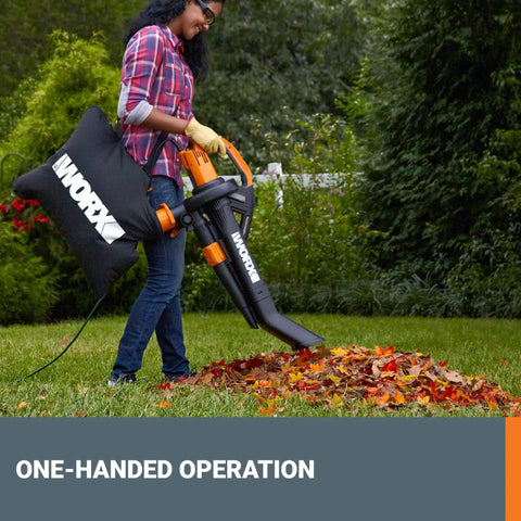 User using 3 In 1 Leaf Blower Mulcher Vacuum For Easy Lawn Care With 350 CFM Airflow And 210 MPH Mulches Leaves At 18 To 1 Ratio Reaches Tight Spots With Durable Metal Impeller WG509 in the garden