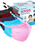 Kids KN95 Face Masks 50 Pack Five Layer Breathable Protection Multicolor Set With Adjustable Ear Loops And Silicone Anti Slip Buckles