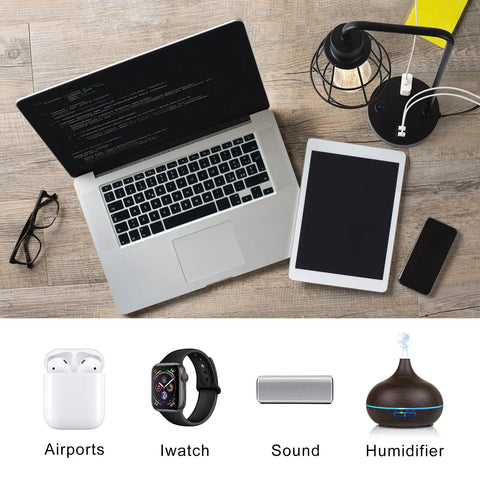 Two Pack Industrial Table Lamps With Dual USB Ports And AC Outlet on desk with laptop, tablet, glasses, and accessories