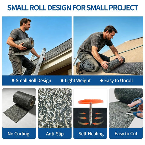 Man using Straight Up Reliable Asphalt Saturated Roofing Tar Paper Small Roll Moisture Barrier And Vapor Permeable Felt for shed repairs.