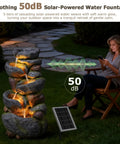 5 Tier Rock Solar Water Fountain Outdoor Garden With LED Lights 36 Inch Tall Cascading Water Feature For Patio Deck Backyard Decor Natural Stone Look Solar Powered in garden at night.