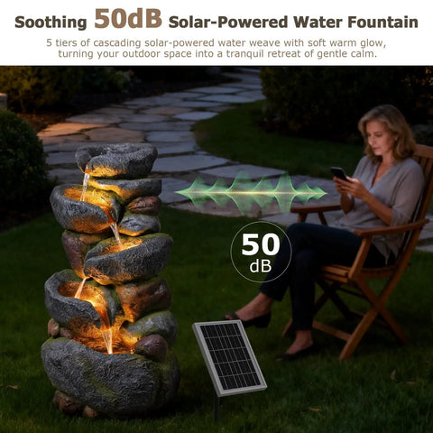 5 Tier Rock Solar Water Fountain Outdoor Garden With LED Lights 36 Inch Tall Cascading Water Feature For Patio Deck Backyard Decor Natural Stone Look Solar Powered in garden at night.