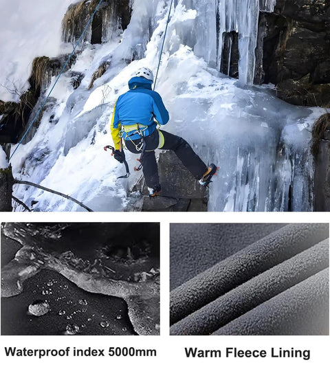 Climber wearing Mens Snow Ski Hiking Pants Waterproof Winter Fleece Lined Softshell Snowboard Pants With Zippered Bottom Legs And Built In Belt Ideal For Hiking Snowboarding Skiing In Cold Weather Wind Resistant Navy Medium on icy terrain