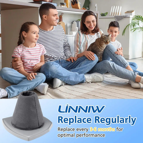 Family with cat beside vacuum filter set sign for Six Plus Six Pack Vacuum Filter Set Fits NES215A NES210 NES212 NES215 Blaze Cleaner.