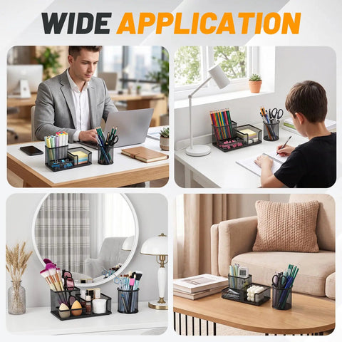 Four Pack Mesh Metal Pen Cup Desk Organizer Set With Two Three Compartment Pencil Holders And Two Round Holders in various settings
