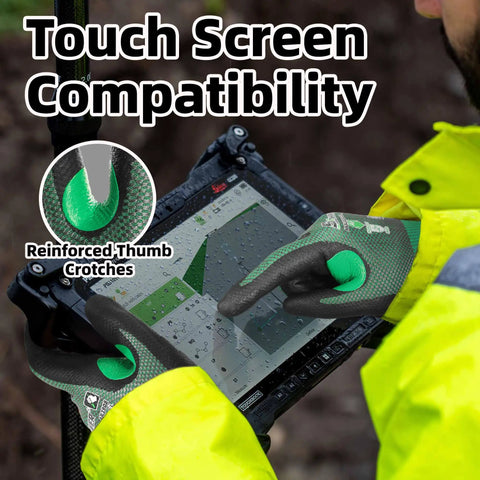 Person wearing Ultra Thin Cut Resistant Work Gloves For Mechanics ANSI A6 AR3908 Skin Friendly UHMWPE using touchscreen tablet