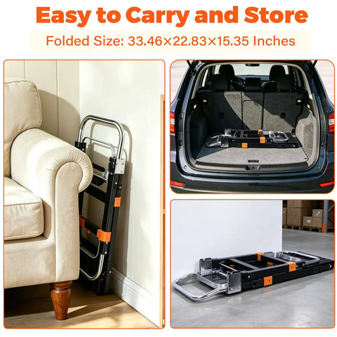 3 In 1 Folding Dolly Cart With Wheels Heavy Duty Hand Truck For 600 Lb Loads, Collapsible With Retractable Handle And Two Straps, Converts To Two Wheel Or Four Wheel Trolley For Warehouse, Home Or Office Use, folded flat beside sofa