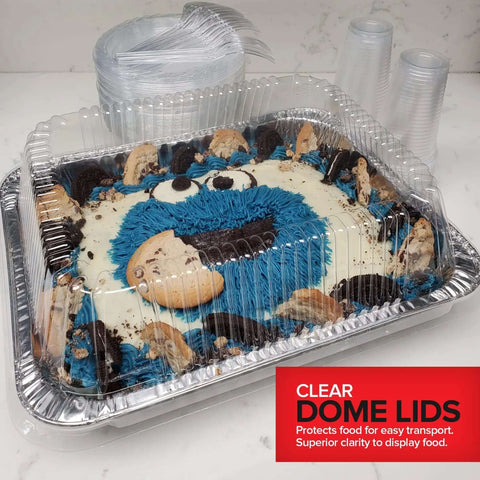 Heavy Duty 9x13 Aluminum Baking Pan With Lids 10 Pack Built Tough Durable Rectangular Tray For Lasagna And More Clear Dome Cover Keeps Your Food Fresh, showcasing a decorated cake with the lid secure.