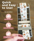 Premium Water Activated Packing Tape Straight Up For Sealing Corrugated Boxes And Gift Cartons With Rosy Floral Print Biodegradable Gummed Paper Shipping Rolls For Ecommerce Hustlers in a dispenser, ready for use.