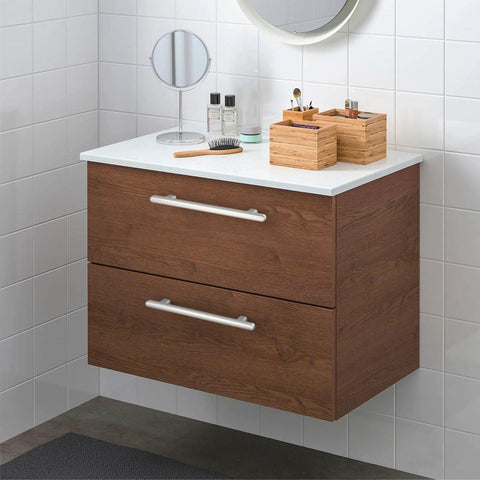 Wall-mounted wooden bathroom cabinet with 10 Pack Brushed Satin Nickel Cabinet Pulls Bar Style 5 Inch 128mm Hole Centers Modern Kitchen Handles.