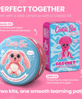 Beginner Crochet Kit Gift Set For Crafting Bunny Lola Amigurumi Plushie Easy DIY Crochet And Knitting Starter Includes Full Video Tutorial And PDF Guides, featuring pink rabbit and octopus kits on pink background.