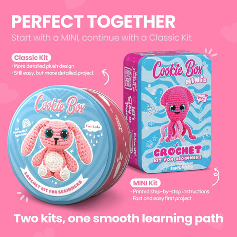 Beginner Crochet Kit Gift Set For Crafting Bunny Lola Amigurumi Plushie Easy DIY Crochet And Knitting Starter Includes Full Video Tutorial And PDF Guides, featuring pink rabbit and octopus kits on pink background.