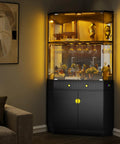 71 Inch Tall Corner Bar Cabinet With App Control And Motion Sensor LED Lighting shown with mirror back and glass doors in a modern home