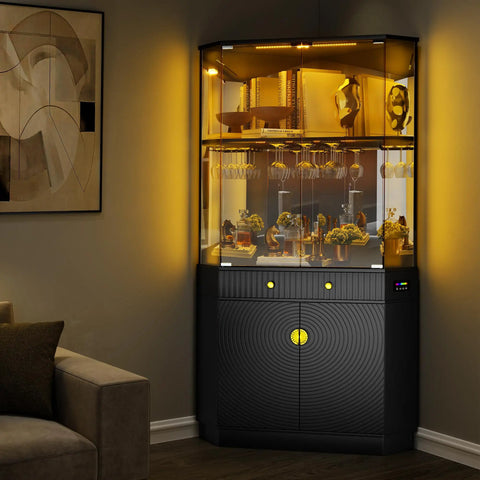 71 Inch Tall Corner Bar Cabinet With App Control And Motion Sensor LED Lighting shown with mirror back and glass doors in a modern home