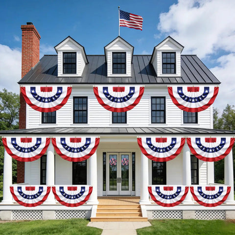 Eight Pack Pleated Bunting Flags 1.5x3 Feet For Outdoor Use on house facade, red white blue patriotic decor