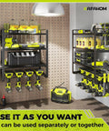 4 Tier Power Tool Organizer Wall Mount Set For Cordless Tools 2 Pack With Bottom Layer Holding Up To 8 Cordless Drills And Upper Tiers For Heavy Tools And Small Tools Plus Hammer Holder Pliers Holder And Screwdriver Slots Garage Workshop Storage Rack installed in a workshop