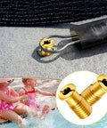10 Piece Beefy Brass Pool Cover Anchors Screws Kit For Concrete Pools displayed in use with a safety cover, close-up view.